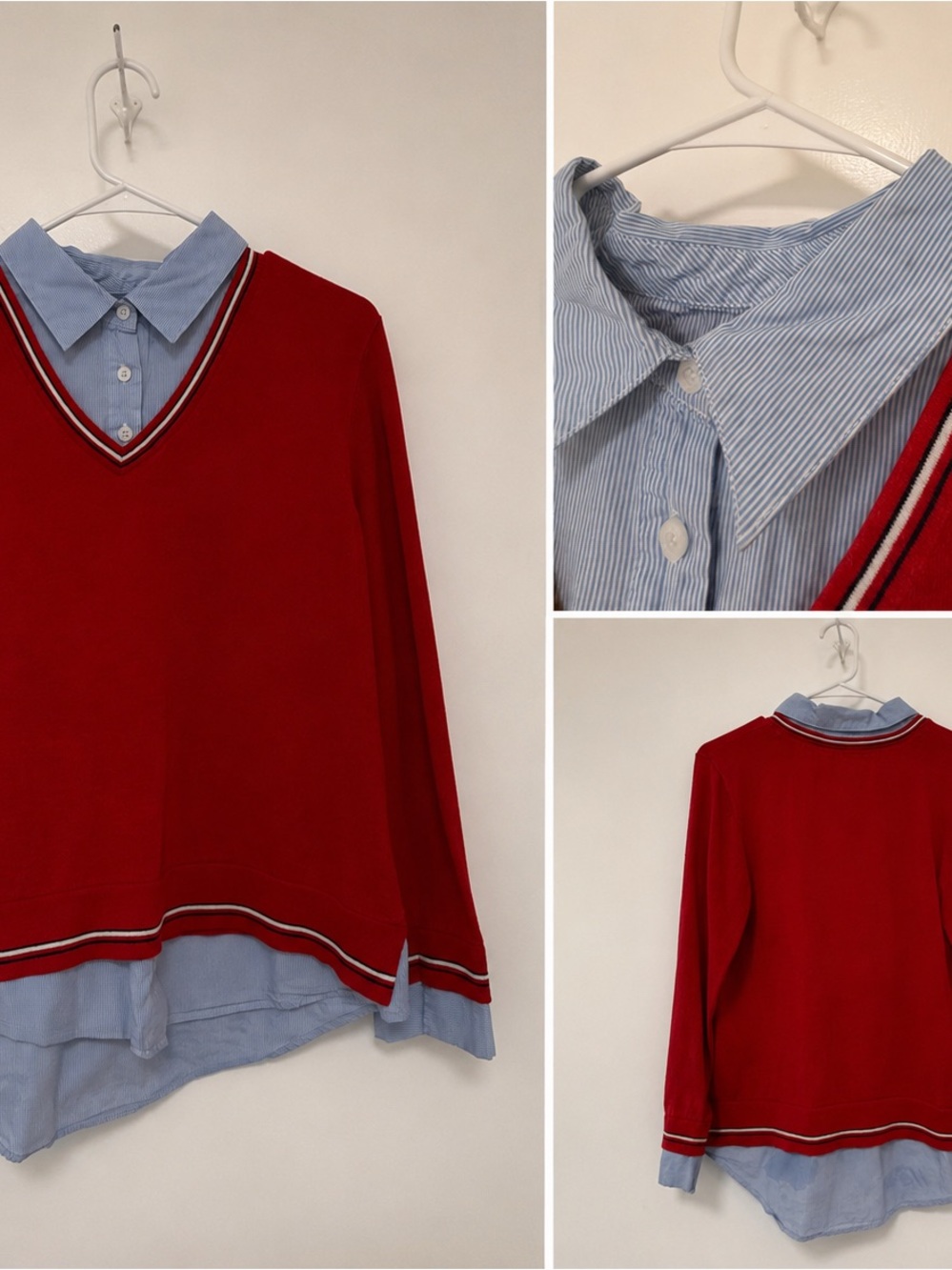 Tommy Hilfiger Layered Look Red Sweater & Striped Shirt Top